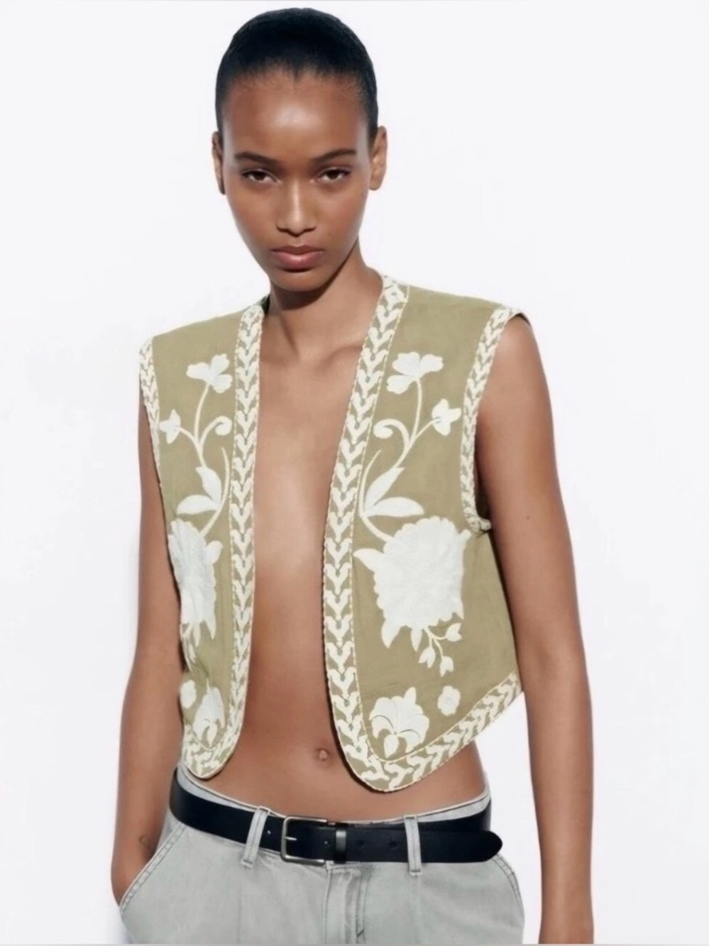 Zara- Embroidered Boho Floral Cotton Beige Open Front Vest- Sz. M